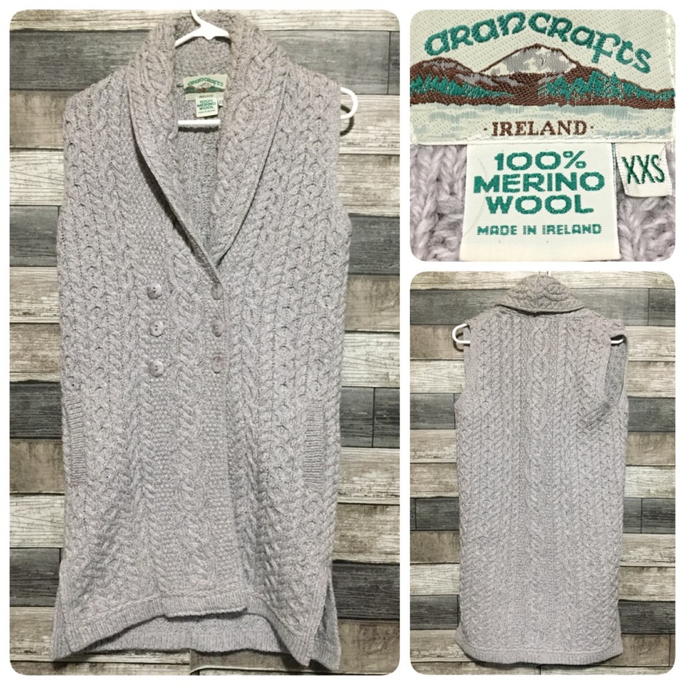 Aran Crafts Shawl Long Wool Fisherman Knit Sleeveless Sweater XXS Gray (Flaw)